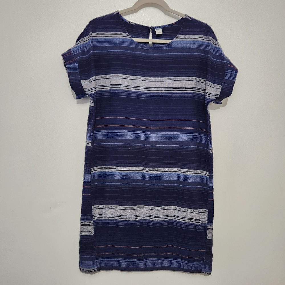 Old Navy Medium Linen Rayon Shift Dress Cool Stripe Cuffed Short Sleeve Blue